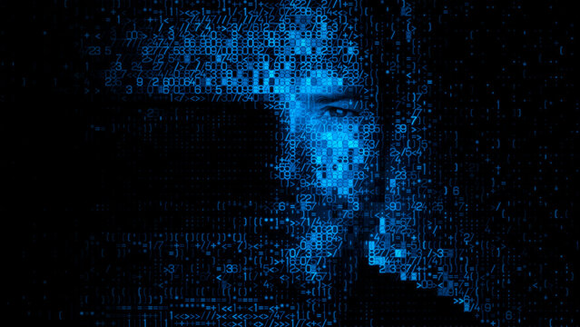 Man's Face made of Machine Code, symbolising Biometric Authentication Concept.