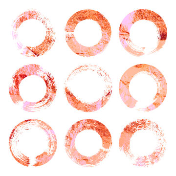 Rose gold grunge circles, brush strokes, lines, ink smudges, handdrawn scribble shapes. Handmade sketchy marks, acrylic stains, charcoal streaks. Paint textures, dry brush effect. Vector illustration.