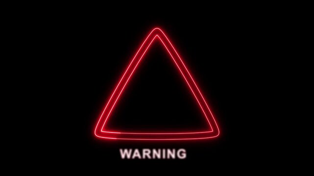 Red neon triangle warning sign animation flashes urgent alert text on dark. Critical system danger hazard triggers the triangle warning sign. Cyber emergency notifications flash on the sign.