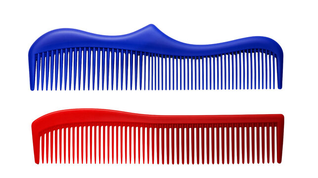 Blue and red plastic hair combs with wavy top edges