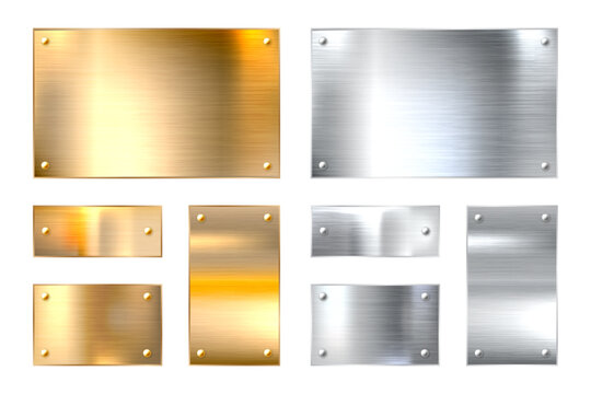 Realistic shiny metal banners set, textured brushed steel, polished copper surfaces, and chrome frames. Industrial plates include secure bolts, rivets, and screws. Vector illustration.