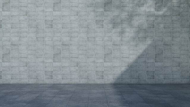 Vacant Outdoor Area Passageway with Stacked Concrete Block Wall and Tiled Floor in Natural Sunlight. Poster Mockup Concept with copy-space.