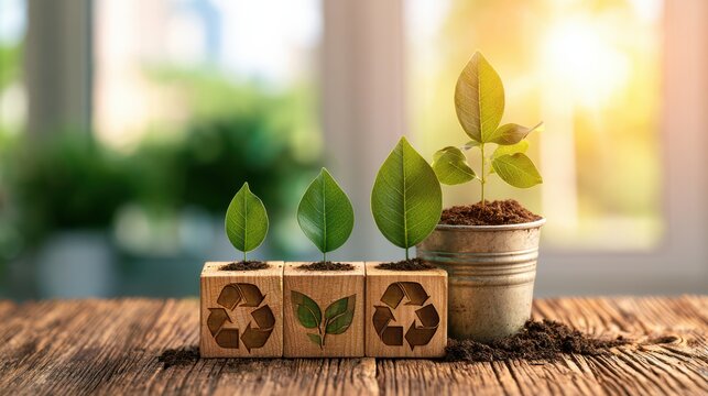 Small green plants grow from wooden blocks with recycling symbols, symbolizing environmental sustainability and eco-friendly growth indoors.