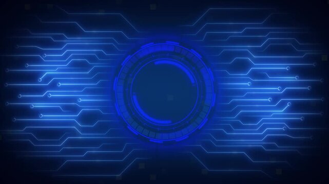 Digital circuit board animation pulses with a central hub and lines. High performance computing flows across this circuit board. Motherboard data communication powers the circuit board.