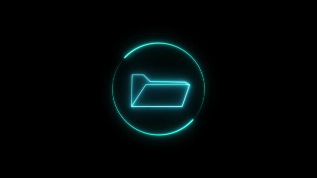 Cyan neon folder animation pulses within an illuminated circular ring. Digital data storage transfer updates on this neon folder animation. Cloud file management operates with the neon folder.
