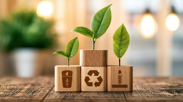 Small green plants grow from wooden blocks with eco-friendly symbols, symbolizing sustainability and environmental care on a wooden surface.