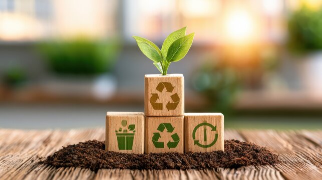 Wooden blocks with recycling symbols and a growing plant symbolize sustainability, eco-friendliness, and environmental conservation on a wooden surface.