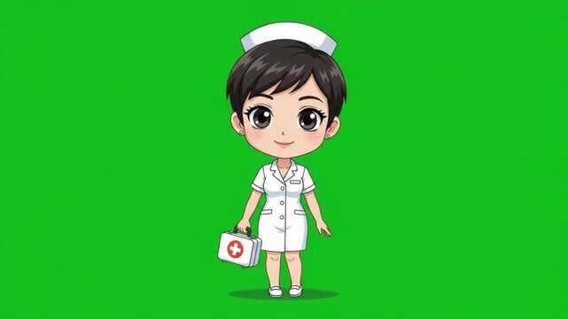 Cute chibi nurse cartoon character with a first aid kit on a green screen background, ready for medical assistance.