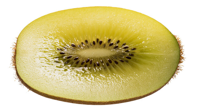 Fresh juicy slice of golden kiwi fruit with black seeds and fuzzy brown skin