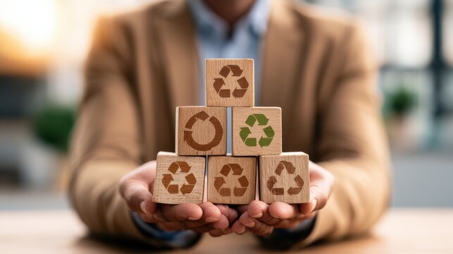 Person holding wooden blocks with various recycling symbols, emphasizing sustainability and environmental responsibility.