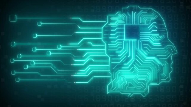 Artificial intelligence head animation streams dynamic circuit data. Machine learning neural pathways power the AI head animation. High tech cognitive computing drives this AI head animation.