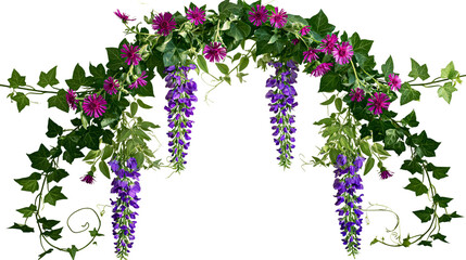 Purple wisteria and pink aster flowers with green ivy leaves floral arch garland