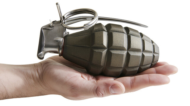 Olive green metal fragmentation hand grenade held in a human palm