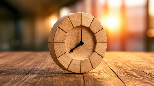 A wooden clock with a minimalist design sits on a wooden table, showing the time at 8:00, with warm sunlight softly illuminating the scene.