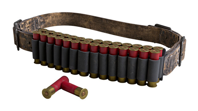 Weathered leather shotgun shell bandolier with red ammunition cartridges