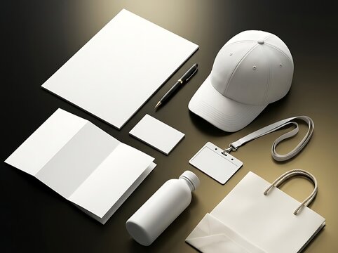 Blank stationery mockup with cap pen and water bottle on a dark surface for branding presentations
