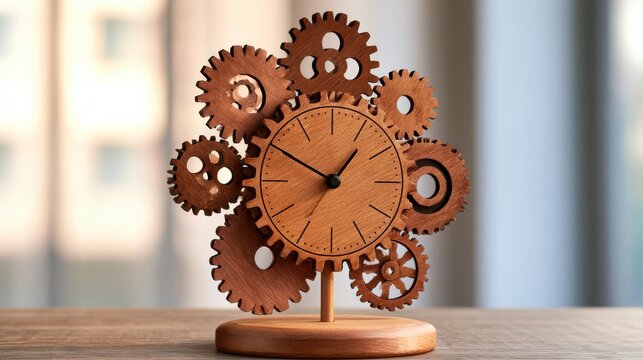 A wooden clock featuring interconnected gear-shaped elements, blending timekeeping with mechanical design on a wooden base against a blurred background.