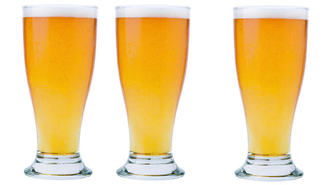 Three tall pilsner glasses filled with golden lager beer and thick white foam