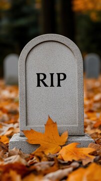 Gravestone with RIP inscription surrounded by fallen autumn leaves in a cemetery, representing death, mourning, remembrance, and seasonal cemetery scenery. Vertical photo