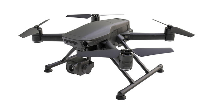 Modern black quadcopter drone with gimbal camera and landing gear