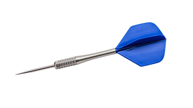 Blue plastic flight dart with a textured metal barrel and sharp steel tip