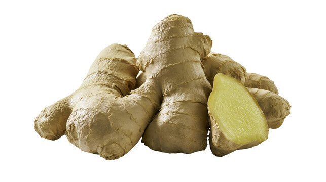 Fresh raw ginger root with a sliced piece showing yellow interior texture