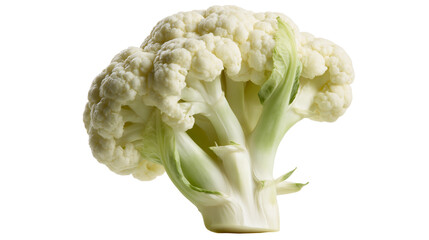 Fresh raw cauliflower head with green leaves and dense white florets