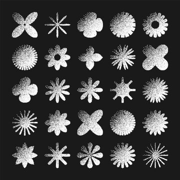 Brutalist geometric shapes, dotted objects. Stipple elements modern symbols. Simple primitive forms. Retro design, trendy contemporary minimalist style, y2k. Dot shading, drawing. Vector illustration