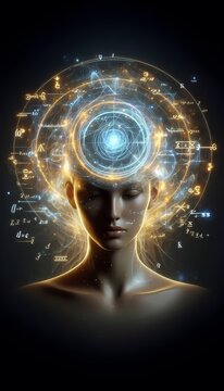 A conceptual portrait of a real model with an AI-generated halo made of floating, glowing geometric equations and mathematical symbols, Ai generated image