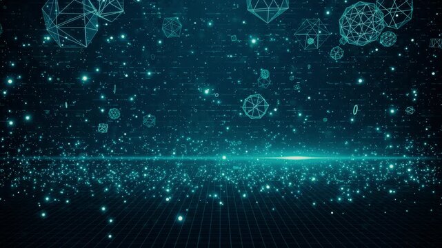 Abstract Blue Technology Grid Background with Floating Wireframe Polyhedra
