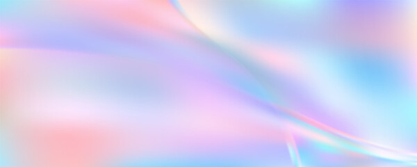  Iridescent hologram background with flowing gradient waves. Abstract pink and blue texture creates dreamy pastel backdrop with pearlescent rainbow shimmer and soft chrome effect. © Narin