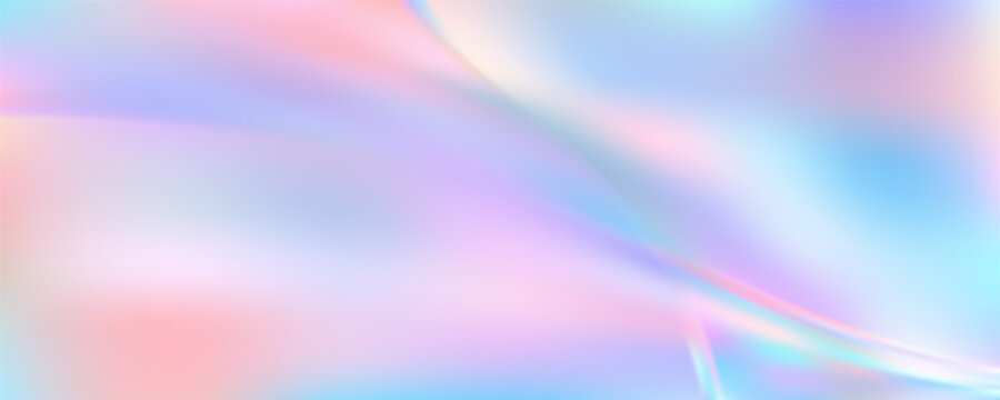  Iridescent hologram background with flowing gradient waves. Abstract pink and blue texture creates dreamy pastel backdrop with pearlescent rainbow shimmer and soft chrome effect.