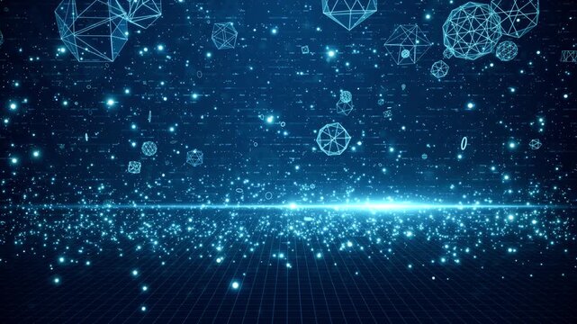 Abstract Blue Digital Grid Background with Glowing Wireframe Polyhedra