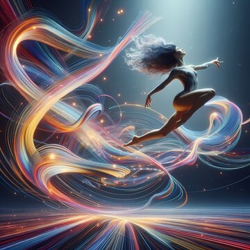 A hybrid scene of a real model gracefully leaping through an AI-generated abstract void filled with swirling, colorful ribbons of light, Ai generated image