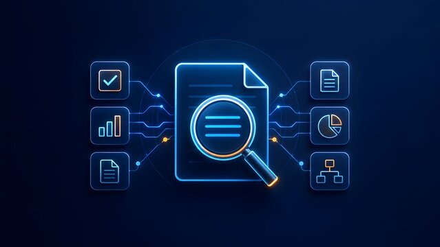 Digital document analysis with glowing neon icons