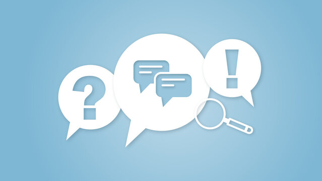 This informative faq visual features speech bubbles with a question mark, message icons, and an exclamation mark alongside a magnifying glass, representing customer support and communication analysis
