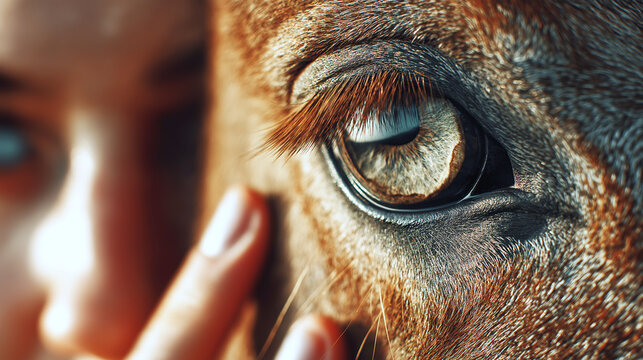 Close Up Horse Eye with Gentle Human Touch