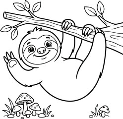Fototapeta premium Cute sloth hanging from a tree branch with mushrooms below, black and white outline illustration for coloring book