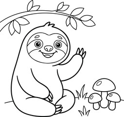 Fototapeta premium Cute sloth waving hello while sitting under a tree branch with mushrooms, black and white outline illustration for coloring book