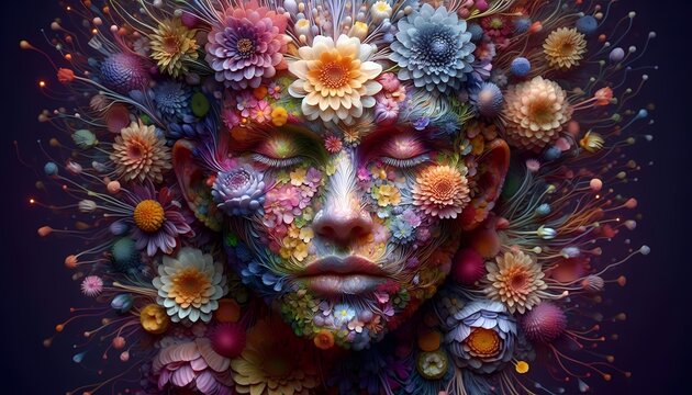 An artistic fusion of a real models face and an AI-generated floral explosion, where the flowers emerge from her skin and bloom in vibrant, impossible colors, Ai generated image