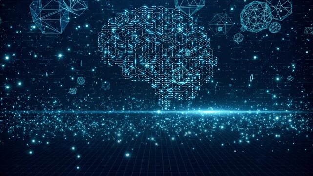 Futuristic AI Circuit Brain with Glowing Digital Grid Background Loop