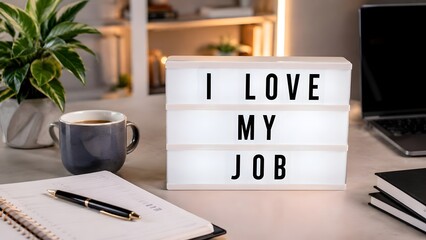 Obraz premium I love my job lightbox with coffee and plant on desk