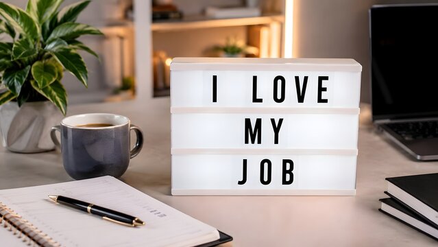 I love my job lightbox with coffee and plant on desk