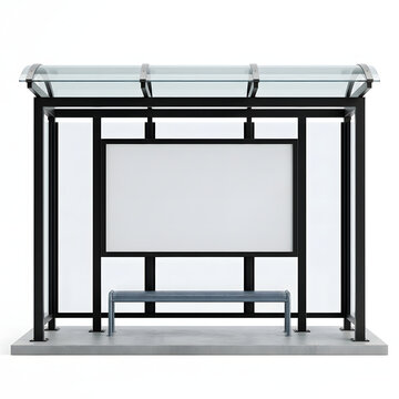 Modern glass bus stop shelter featuring blank white advertisement board with black frame and bench