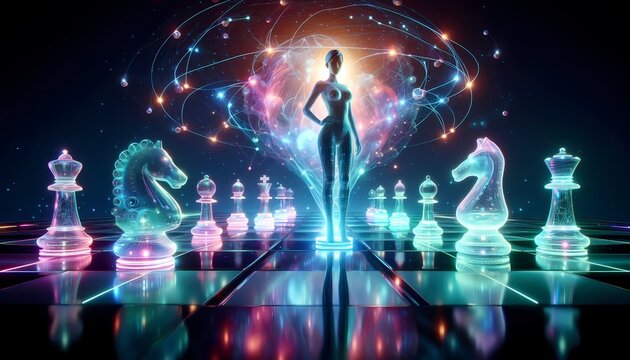 A conceptual image of a real model standing on an AI-generated chessboard, with the pieces around her represented by abstract, holographic figures, Ai generated image