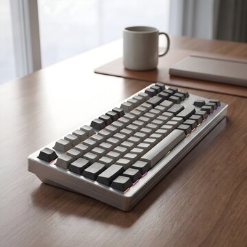 A compact black-and-white computer keyboard is placed on a wooden desk beside a coffee cup. The image shows a clean, minimalist workspace with natural light and a simple desktop setup.