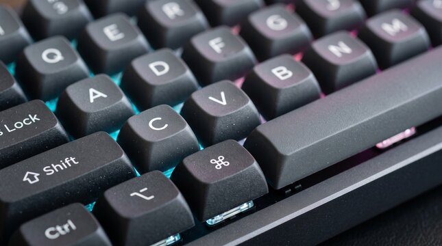 Close up view of black mechanical computer keyboard with RGB lighting.