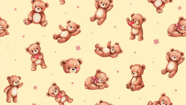 Vintage teddy bear seamless pattern, cute watercolor nursery wallpaper, brown plush toy illustration on beige background, whimsical children textile design