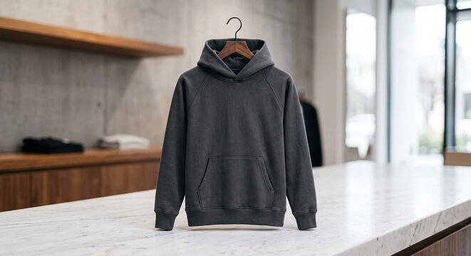 Dark grey hoodie hanging on a wooden hanger on a white marble table inside a modern clothing store with shelves in the background horizontal