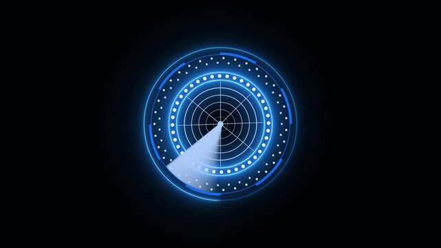 Futuristic blue radar screen sweeps active target detection beams. Concentric tracking circles glow on the blue radar screen. High tech telemetry guides this blue radar screen.